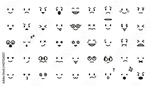 Emoji cartoon black line set. Vector flat emoticon collection isolated on white. World emoji day. Mood and facial smiles. Funny, angry, happy and sad faces web icons for message.