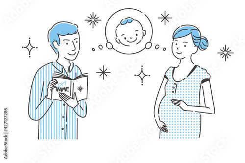 線画人物アイコン　マタニティ　赤ちゃんの名づけを考える