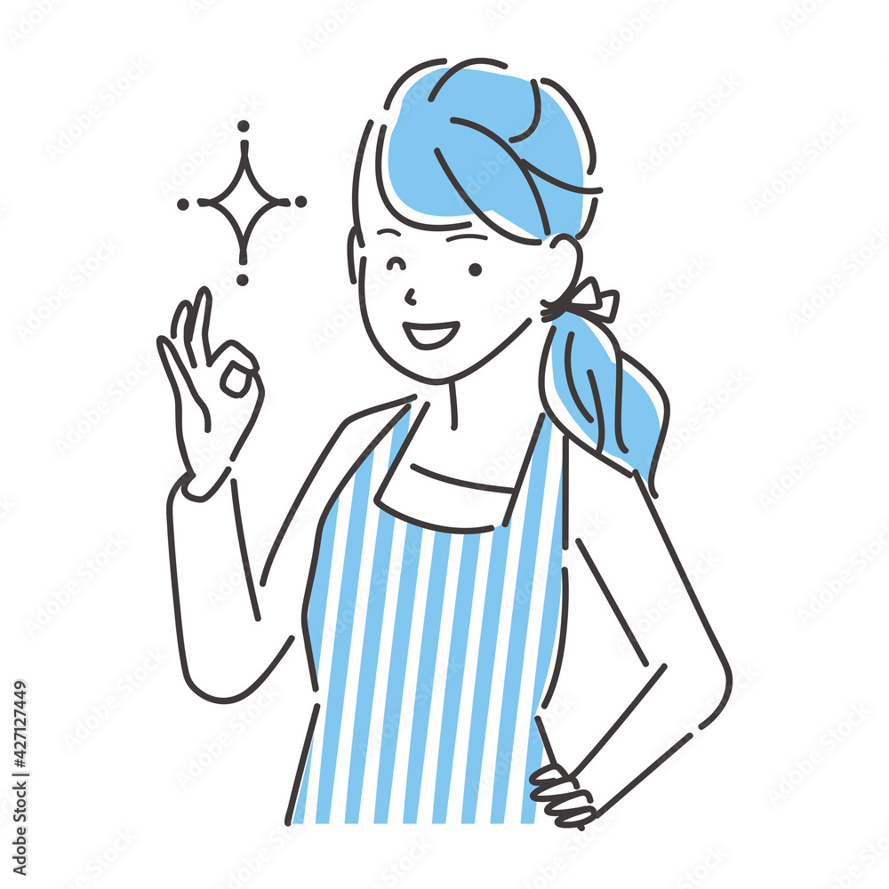 線画人物アイコン　エプロンの女性OKポーズ