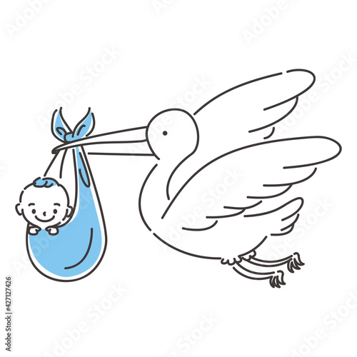線画人物アイコン　コウノトリに運ばれる赤ちゃん