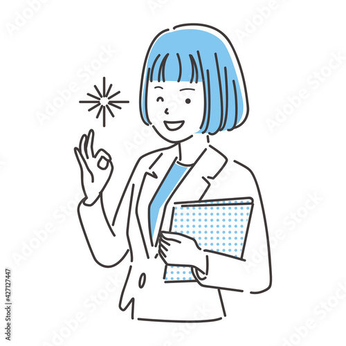 線画人物アイコン　スーツのおかっぱ OKポーズ