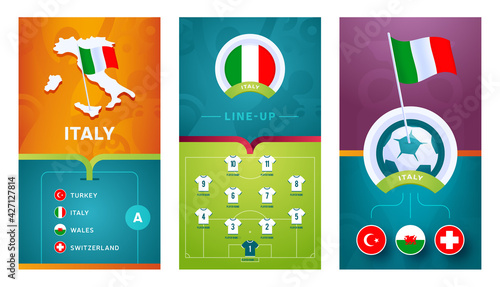 italy team European 2020 football vertical banner set for social media. Italy group A banner with isometric map, pin flag, match schedule and line-up on soccer field