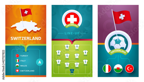 Switzerland team European 2020 football vertical banner set for social media. Switzerland group A banner with isometric map, pin flag, match schedule and line-up on soccer field