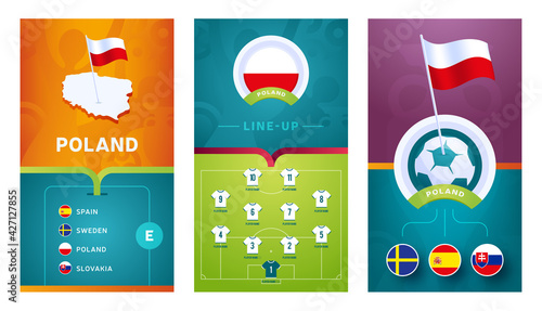 Poland team European 2020 football vertical banner set for social media. Poland group E banner with isometric map, pin flag, match schedule and line-up on soccer field