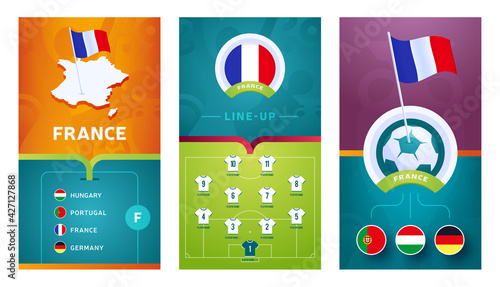 France team European 2020 football vertical banner set for social media. France group F banner with isometric map, pin flag, match schedule and line-up on soccer field