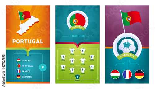 Portugal team European 2020 football vertical banner set for social media. Portugal group F banner with isometric map, pin flag, match schedule and line-up on soccer field