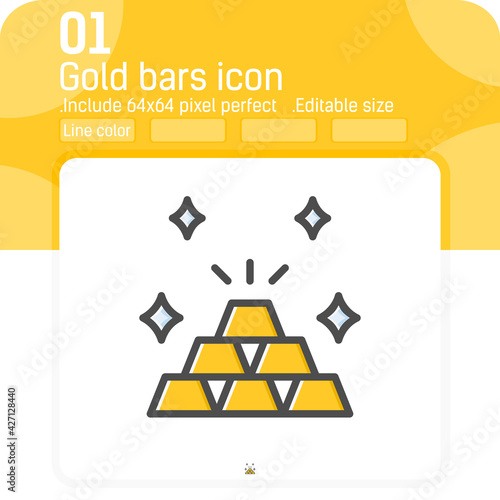 Stack of gold bars or treasure stash icon with line color style isolated on white background. Illustration element thin gold icon for ui, ux, web, finance, business, logo, mobile apps and all project