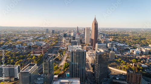High-altitude aerial landscape shot facing the northside of downtown Atlanta  Georgia.