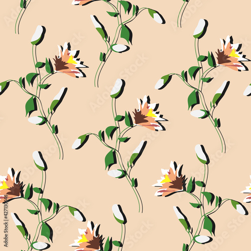 Floral blossom seamless pattern. Randomly scattered blooming botanical motif. Hand drawn flowers on branches sketch drawing on light background. Color vector illustration on beige