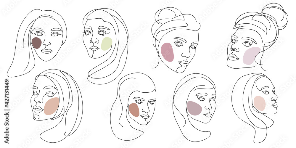Set of female faces drawn with one continuous line. Minimalistic abstract portraits of beautyful women. Modern fashion concept. Black sketch on white background Set of female faces drawn with one continuous line. Minimalistic abstract portraits of beautyful women. Modern fashion concept. Black sketch on white background