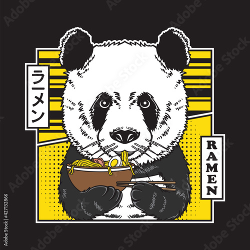 Cute panda eat japan noodle ramen illustration in flat comic style
