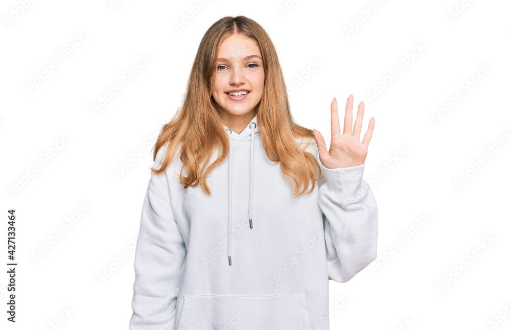 Beautiful young caucasian girl wearing casual sweatshirt showing and pointing up with fingers number five while smiling confident and happy. Beautiful young caucasian girl wearing casual sweatshirt showing and pointing up with fingers number five while smiling confident and happy.