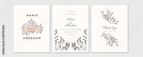 Wedding Invitation, floral invite thank you, rsvp modern card Design in golden rose leaf greenery branches decorative Vector elegant rustic template