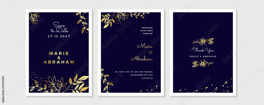 Fototapeta Zaproszenie na ślub, kwiatowy zaprosić dziękuję, nowoczesna karta rsvp Design w złotej róży liści zieleni gałęzie dekoracyjne wektor elegancki szablon rustykalny