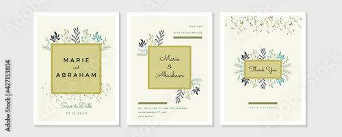 Wedding Invitation, floral invite thank you, rsvp modern card Design in golden rose leaf greenery branches decorative Vector elegant rustic template