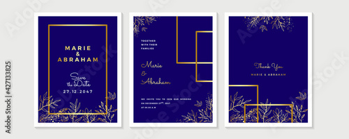 Wedding Invitation, floral invite thank you, rsvp modern card Design in golden rose leaf greenery branches decorative Vector elegant rustic template