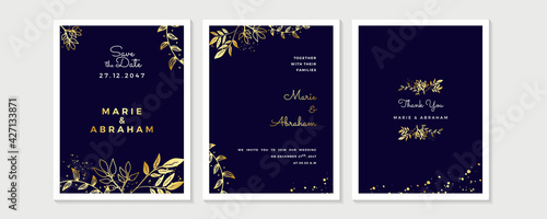 Wedding Invitation  floral invite thank you  rsvp modern card Design in golden rose leaf greenery branches decorative Vector elegant rustic template
