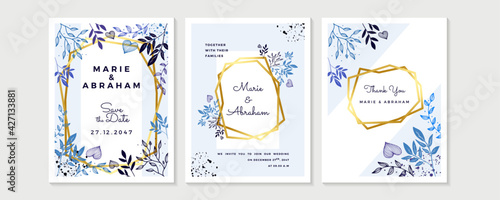 Wedding Invitation, floral invite thank you, rsvp modern card Design in golden rose leaf greenery branches decorative Vector elegant rustic template