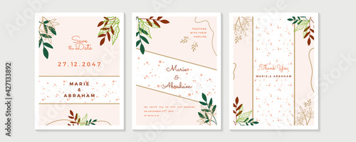 Wedding Invitation, floral invite thank you, rsvp modern card Design in golden rose leaf greenery branches decorative Vector elegant rustic template