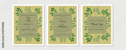 Wedding Invitation, floral invite thank you, rsvp modern card Design in golden rose leaf greenery branches decorative Vector elegant rustic template