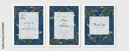 Wedding Invitation, floral invite thank you, rsvp modern card Design in golden rose leaf greenery branches decorative Vector elegant rustic template