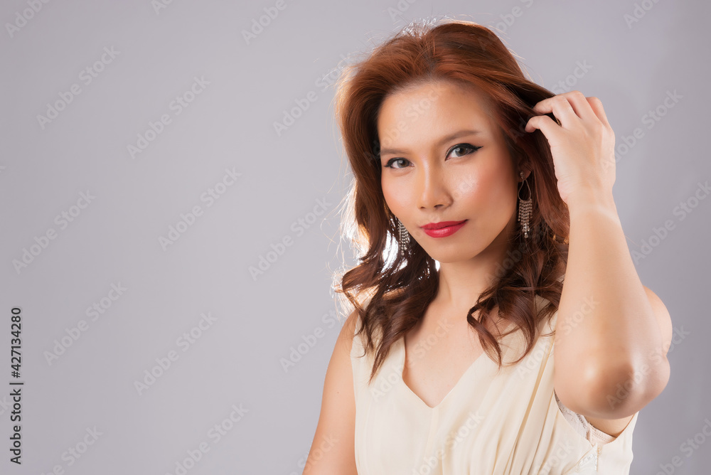 beautiful asian woman on grey background, pretty girl beautiful asian woman on grey background, pretty girl