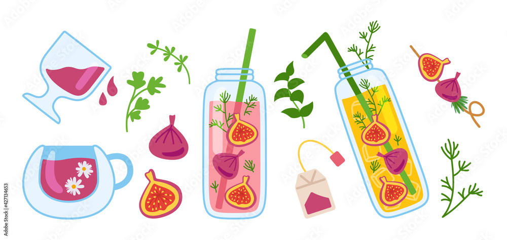 Hawaii cocktails, summer bottle, jar and glass juice cartoon set. Tropical fig fruit fresh smoothie menu. Glass drinks hand drawn flat design menu. Trendy vector illustration Hawaii cocktails, summer bottle, jar and glass juice cartoon set. Tropical fig fruit fresh smoothie menu. Glass drinks hand drawn flat design menu. Trendy vector illustration
