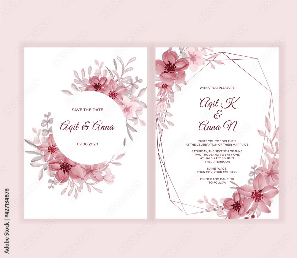 Modern wedding invitation card with beautiful pink flowers