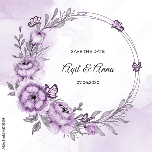 classic circle purple flower wreath frame invitation card