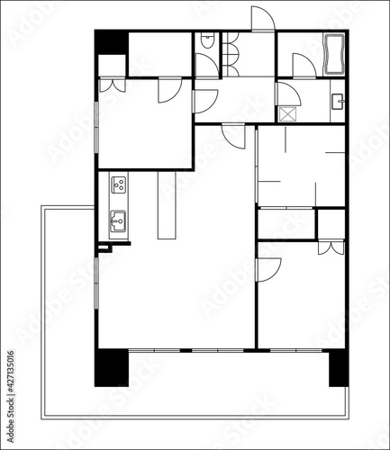 マンションの間取り図の図面のイラスト3LDK+WIC　ウォークインクローゼット　マイホーム見取り図モノクロ白黒