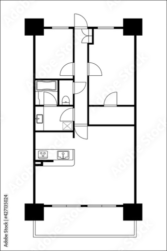 マンションの間取り図の図面のイラスト2LDK+DIN　マイホーム見取り図モノクロ白黒
