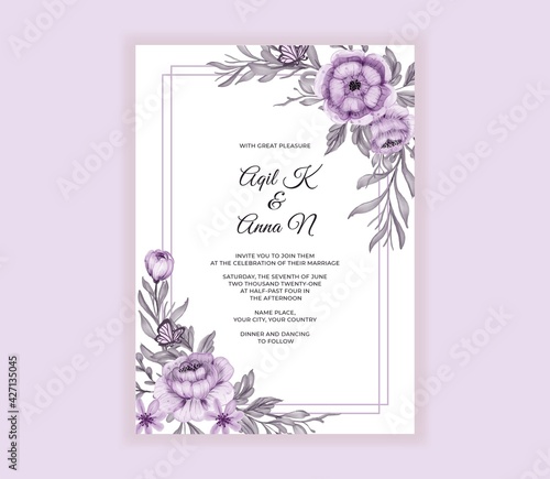 Modern wedding invitation card with beautiful purple flowers