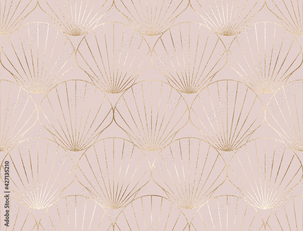 Art deco seamless pattern with gold decorative shell tile. Art deco seamless pattern with gold decorative shell tile.