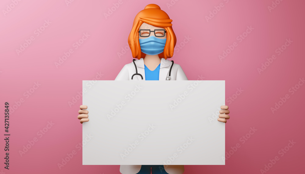 Happy doctor girl with blank screen, empty board, 3d rendering. Happy doctor girl with blank screen, empty board, 3d rendering.