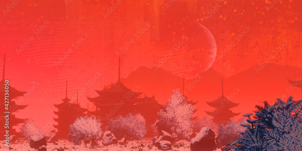 Japanese panorama. Chinese style structures. Digital art illustration. Beautiful landscape. Japan architecture. 3D illustration. Japanese panorama. Chinese style structures. Digital art illustration. Beautiful landscape. Japan architecture. 3D illustration.