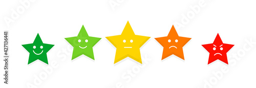 Five mood indicator star, review, rating. Emotion feedback scale. Faces expressing angry or sad, neutral, joy or happy. Customer satisfaction survey. Level service quality Isolated vector illustration