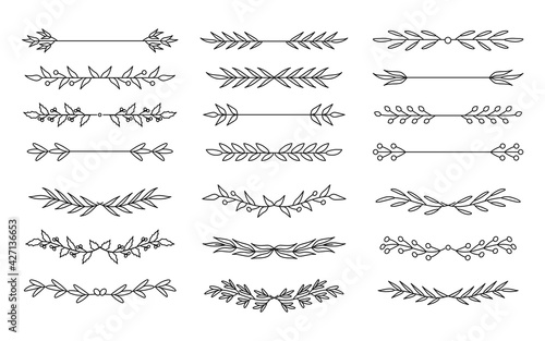 Set of floral elements divider line. Tree branches depicting foliate border. Graphic decorative element for design book page, text break, wedding invitation, certificate. Isolated vector illustration