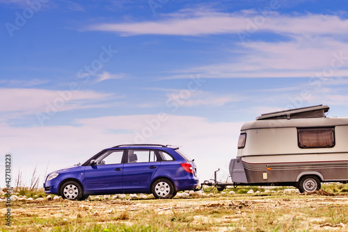 Caravan trailer camping on coast, Spain.