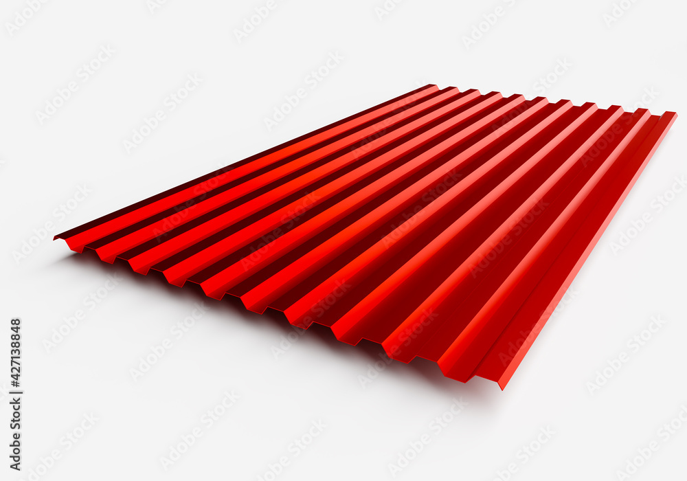 Profiled metal sheet with red polymer coating. Profiled metal sheets for croflee. Concept - materials for roof construction. Profiled metal sheet on a white background. Red roof sheet. Profiled metal sheet with red polymer coating. Profiled metal sheets for croflee. Concept - materials for roof construction. Profiled metal sheet on a white background. Red roof sheet.