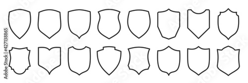Shield shape black icon set. Security minimal sign guard line heraldic simple symbol. Defense outline emblem. Strong protection logo design element. Privacy guarantee badge. Web firewall pictogram