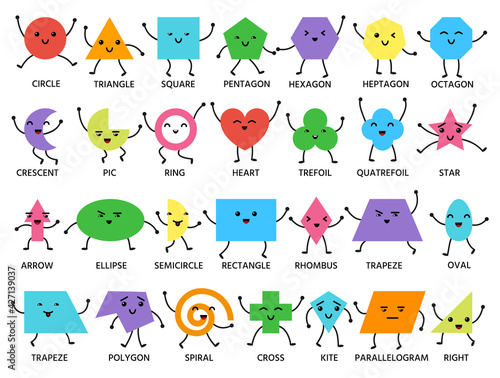 Cute geometric shape signed emoji faces with hands and legs. Geometry study color poster for teaching and learning basic figures in school. Cartoon emoticon kids. Nice visual educational material