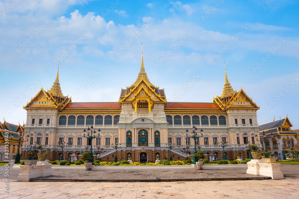 The Grand Palace of Thailand in bangkok, built in 1782, made up of numerous buildings, halls, pavilions set around open lawns, gardens and courtyards