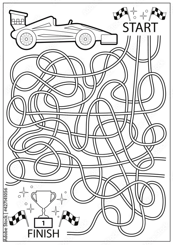 Kids maze game for kids. Children worksheet with racing car. Activity page. Educational riddle. Vector illustration.