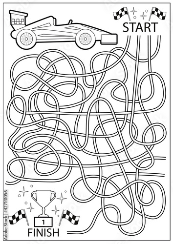 Kids maze game for kids. Children worksheet with racing car. Activity page. Educational riddle. Vector illustration.