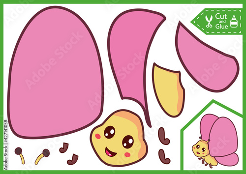 Cut and glue the paper a cute butterfly.  Worksheet with education riddle. Children art game. Kids crafts activity page. Vector illustration.