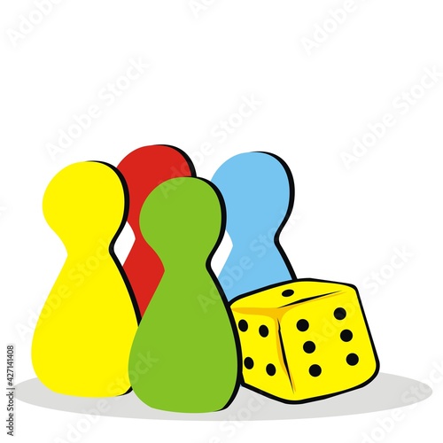 Dice and four pieces, ludo, game, color vector illustration
