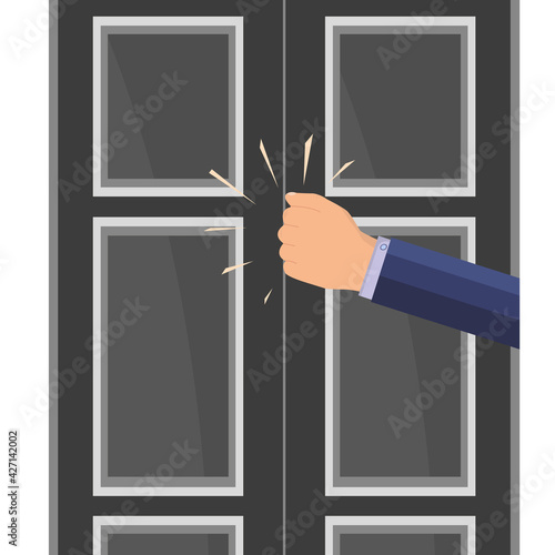 A knock on the door. The man's hand is knocking on the door. Please allow me to enter the room. Office space. An assertive, persistent businessman, client, manager, guest or salesperson.  Vector