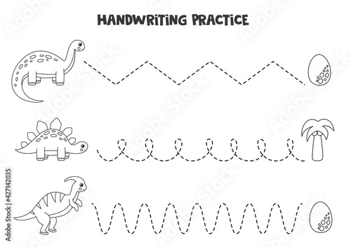 Tracing lines with cute black and white dinosaurs. Writing practice.