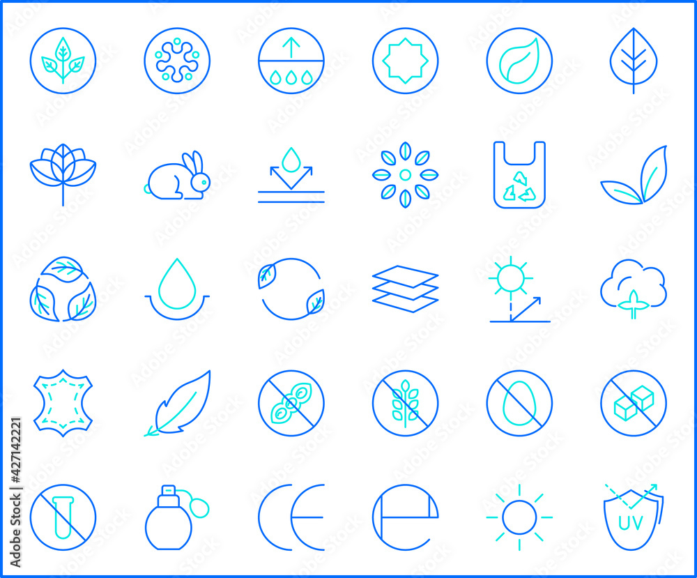 Set of packaging and recycling Icons line style. Contains such Icons as organic, halal, fresh, natural, vegan, zero waste, fabric And Other Elements. customize color, easy resize.