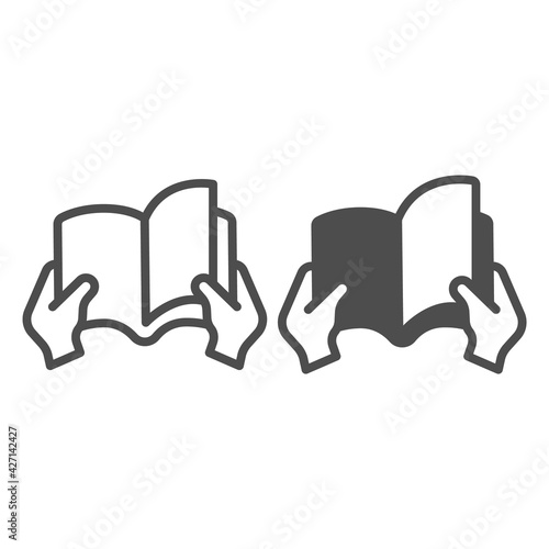 Book with page in hand line and solid icon, children book day concept, page in hand vector sign on white background, hold book outline style for mobile concept and web design. Vector graphics.